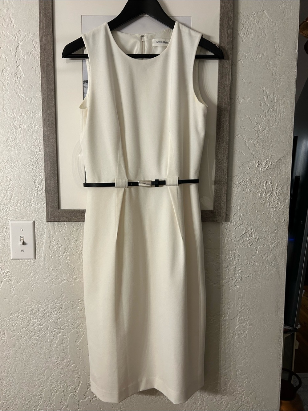 Calvin Klein Cream Sleeveless knee length Dress with Black Belt